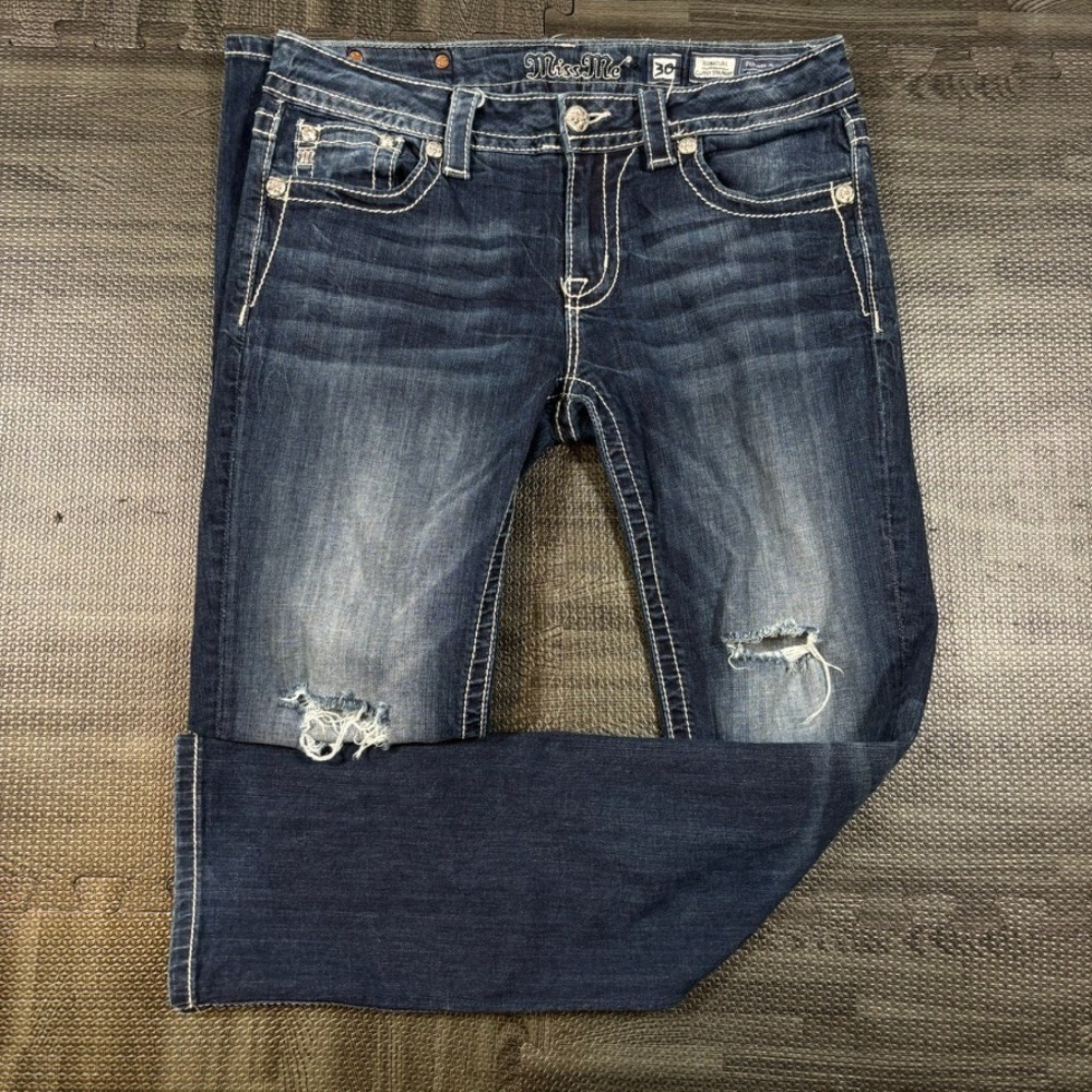 Miss Me Jeans Womens 30 Blue Straight Thick Stitch Whiskers Bling Denim